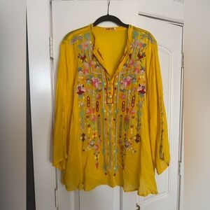 Johnny Was Yellow Embroidered Boho Blouse | Floral Festival Top | Size XL
